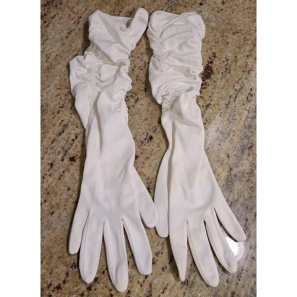 Vintage Size M/L White Stretch Formal 15" Long Gloves Double Scrunch Arm
